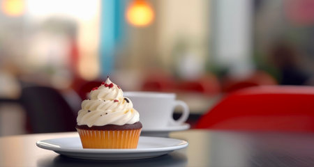 Chocolate cupcake decorated with whipped cream is on a plate on a table in front of abstract blurred background of cafe.の素材