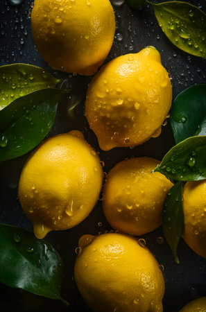 A lot of ripe lemons with water drops. Background design with fresh wet lemons.の素材