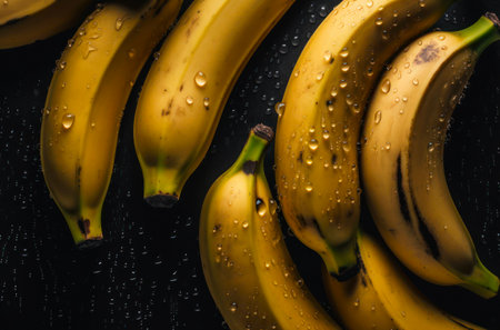 A lot of ripe bananas with water drops. Background design with fresh wet bananas.の素材