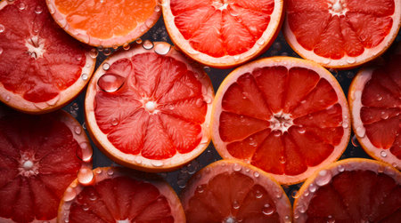 Halves of ripe grapefruits with water drops. Background design with fresh wet grapefruits.の素材