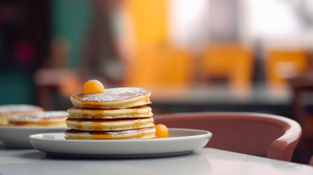 Stack of pancakes on a plate on a table in front of abstract blurred background of cafe in the morning.の素材