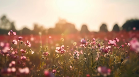 Field of pink flowers, warm sunny day. Background design with peaceful summer landscape.の素材