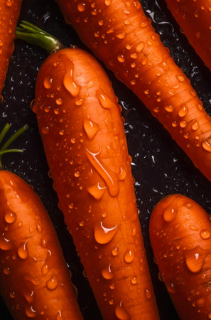 Ripe carrots with water drops on the black surface. Background design with fresh wet carrots.の素材