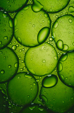 Texture with green bubbles. Water drops on green background.の素材