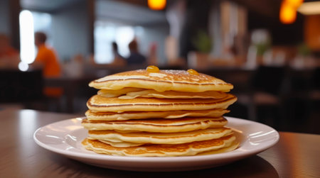 Stack of pancakes on a plate on a table in front of abstract blurred background of cafe.の素材