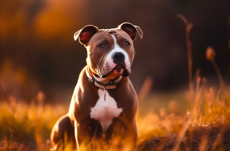 American pit bull terrier is sitting in the grass outdoor.の素材