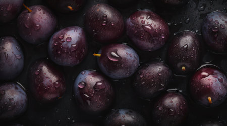 A lot of ripe plums with water drops. Background design with fresh wet plums.の素材