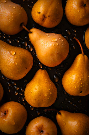 A lot of ripe pears with water drops. Background design with fresh wet pears.の素材