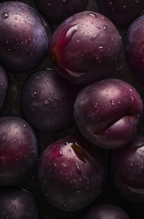 A lot of ripe plums with water drops. Background design with fresh wet plums.の素材