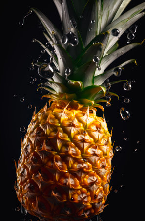 Fresh wet pineapple on black background.の素材