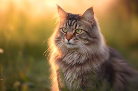 Portrait of a fluffy gray cat outdoor.の素材