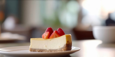 Cheesecake decorated with strawberries is on a plate on a table in front of abstract blurred background of cafe.の素材