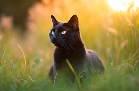 Furry black cat is walking outdoor.の素材