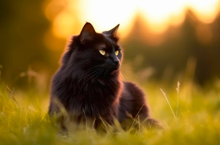 Fluffy black cat is walking outdoor.の素材