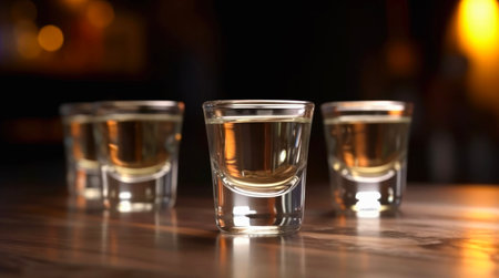 Shots of tequila on a table in front of abstract blurred background of bar.の素材
