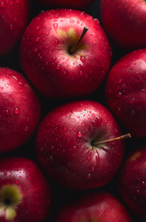 Background design with fresh wet apples. Lots of ripe bright red apples with water drops.の素材