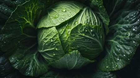 Raw head of cabbage with water drops. Closeup wet green cabbage.の素材