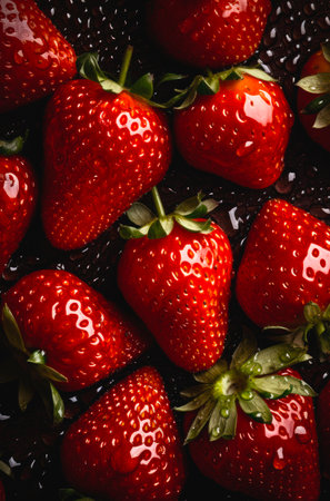 Fresh ripe strawberries on black background. Lots of sweet red berries.の素材