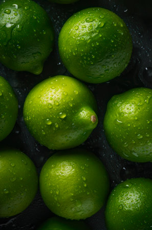 Lots of ripe limes with water drops. Background design with fresh wet limes.の素材