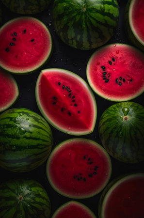 Fresh juicy watermelons. Background design with lots of ripe watermelons.の素材