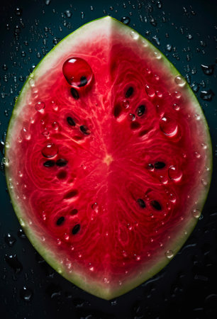 Ripe slice of watermelon with water drops. Background design with fresh wet watermelon.の素材