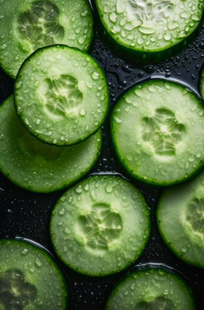 Fresh slices of cucumber with water drops. Background design with ripe wet sliced cucumbers.の素材