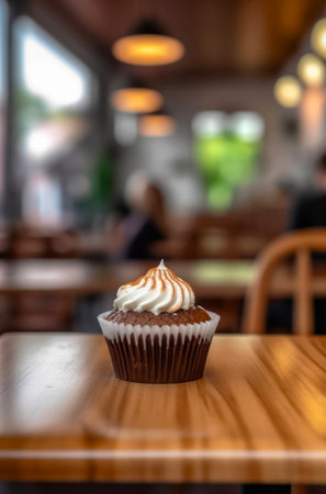 Cupcake decorated with whipped cream is on a table in front of abstract blurred background of cafe.の素材