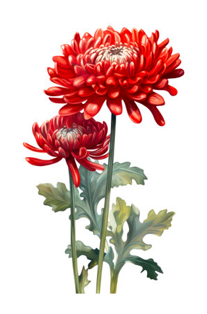 Red chrysanthemums isolated on white background. Watercolor illustration of a beautiful red flowers.の素材