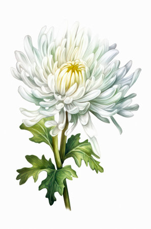 Chrysanthemum isolated on white background. Watercolor illustration of a beautiful white flower.の素材