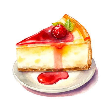 Watercolor illustration of a piece of cheesecake on white background.の素材