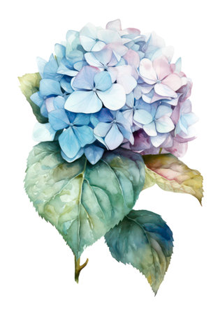 Watercolor illustration of a blue hydrangea flower isolated on white background.の素材