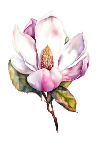 Watercolor illustration of a white magnolia flower isolated on white background.の素材