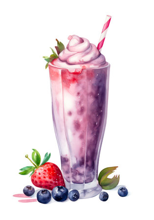 Watercolor illustration of a milkshake with berries in a transparent glass on a white background.の素材
