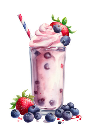 Watercolor illustration of a milkshake with berries in a transparent glass on a white background.の素材