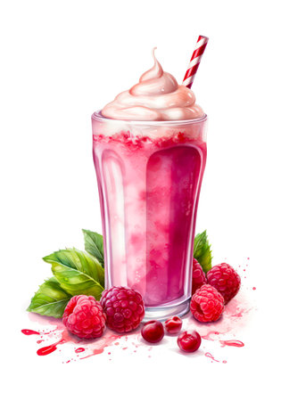 Watercolor illustration of a raspberry milkshake on white background.の素材