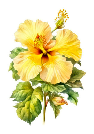 Yellow hibiscus flower isolated on white background, watercolor illustration.の素材