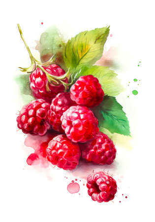 Watercolor illustration of ripe raspberries on white background.の素材