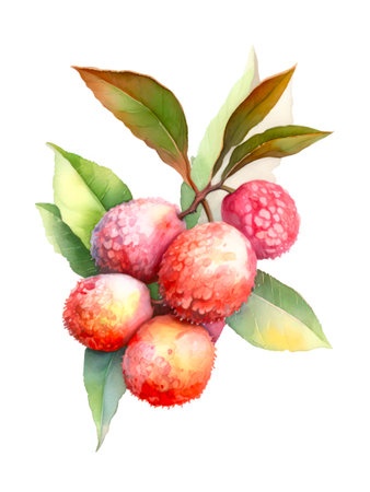 Watercolor illustration of a branch of lychees isolated on white background.の素材
