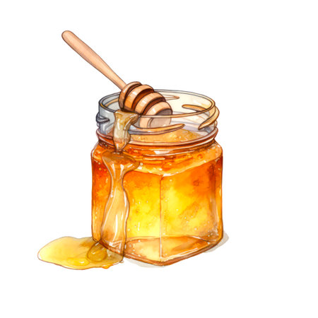 Jar of honey with wooden spoon on white background in watercolor style.の素材