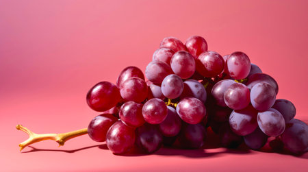 Bunch of red grapes on pink background. Horizontal background design with fresh ripe grapes.の素材