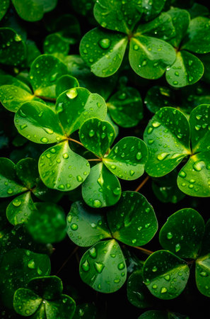 Closeup clover leaves with water drops. Background design with fresh wet trefoils.の素材
