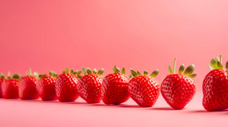 Ripe strawberries on pastel pink background. Horizontal background design with copy space.の素材