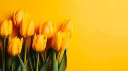 Bouquet of yellow tulips on yellow background. Horizontal background design with copy space.の素材