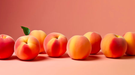 Ripe peaches on pastel orange background. Horizontal background design with copy space.の素材