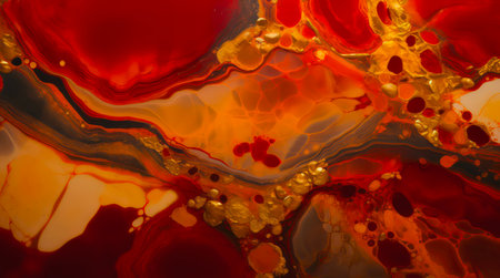 Modern fluid art with red and golden paint. Alcohol ink painting background.の素材