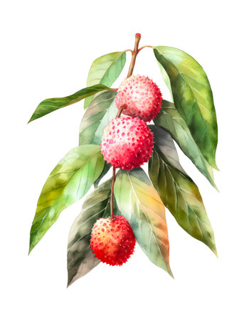 Watercolor illustration of a branch of lychees on a white background.の素材