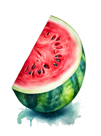 Watercolor illustration of a watermelon on white background.の素材