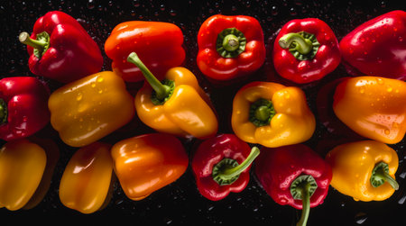 Red and yellow bell peppers on black background.の素材