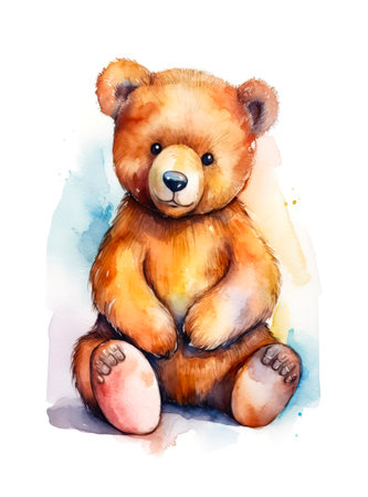 Cute little brown bear, watercolor cartoon illustration.の素材