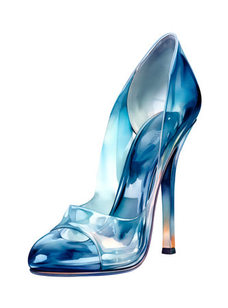 Glass female shoe with high heel isolated on white background in watercolor style.の素材